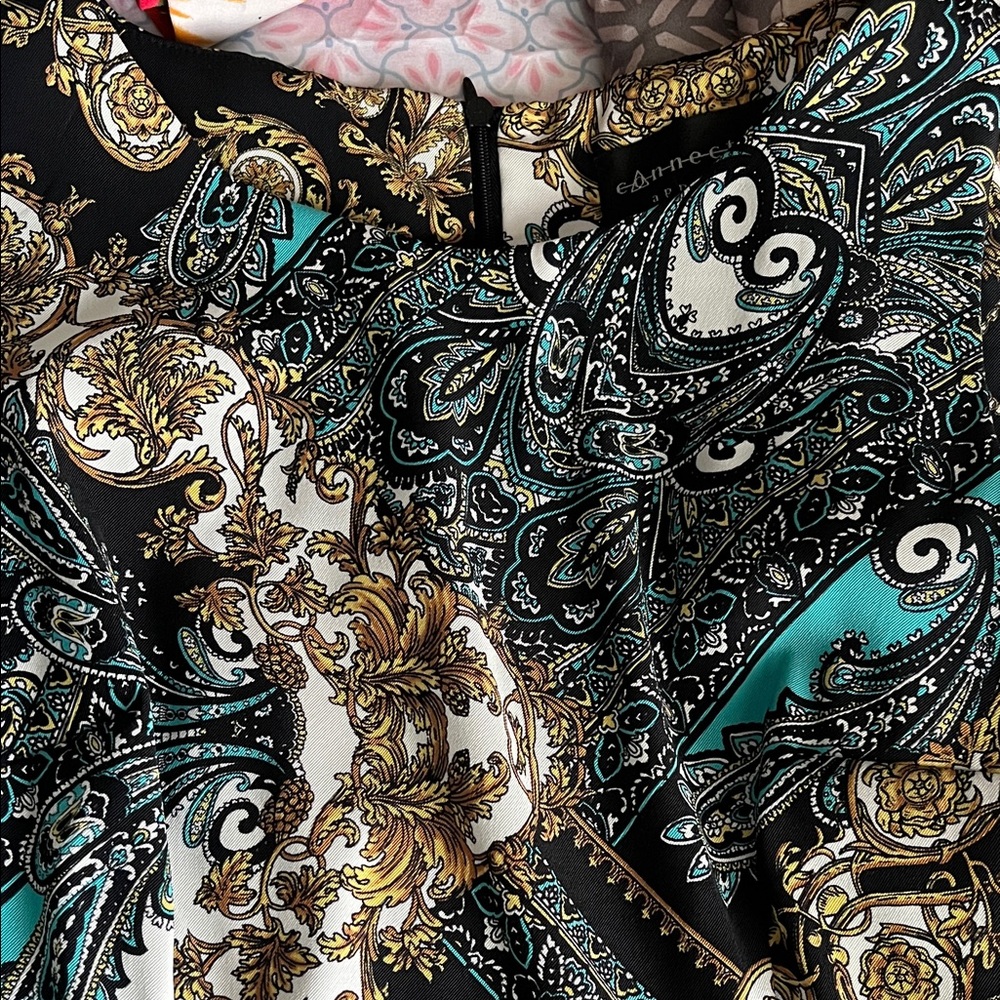 Connected Apparel Black and Gold Paisley Midi Dress